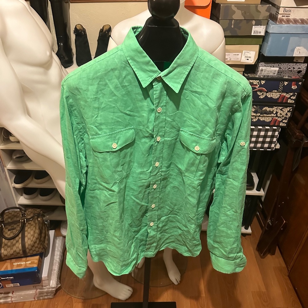 Polo Ralph Lauren Linen Green Convertible Sleeve Summer Shirt